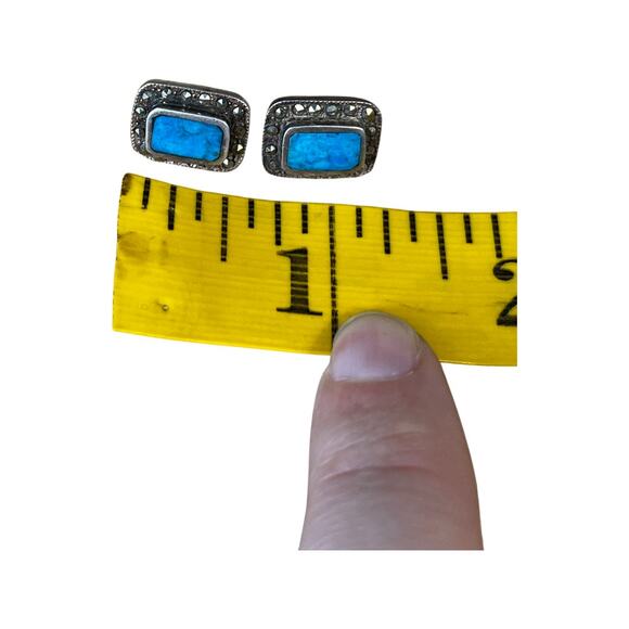 Sterling Silver Blue Turquoise Marcasite Post Earrings, Vintage Turquoise Studs - Picture 4 of 8